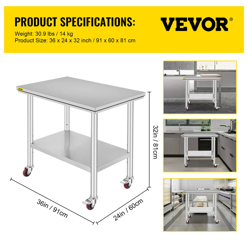 SucceBuy Stainless Steel Kitchen Worktable shelves Commercial Work Bench Table with Caster Wheels for Home Restaurant Storage