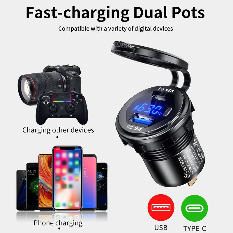 Aluminum 63W USB Charger Socket Fast Charge 12V/24V USB C Car Charger Socket PD and QC3.0 Dual USB Ports for Car Boat Motorcycle