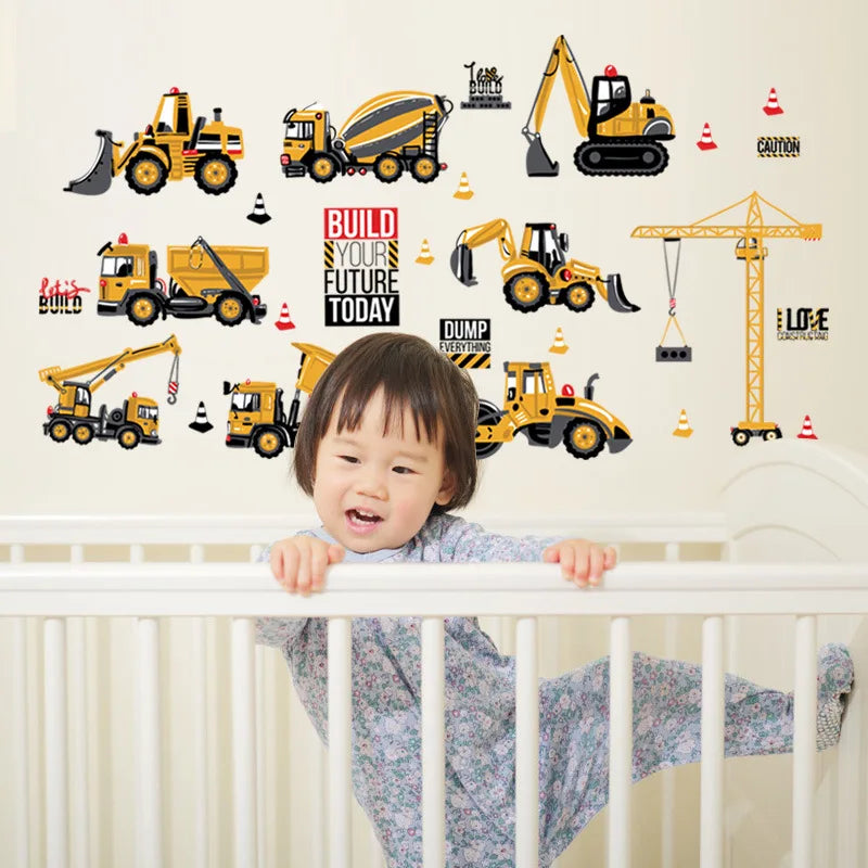 Cartoon Building Construction Vehicle Wall Sticker Home Decor Build Your Future Crane Excavator Kids Boy Bedroom Decor Decals