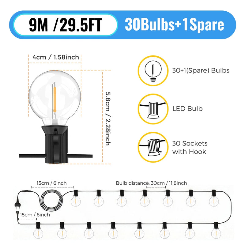 G40 LED Globe String Lights Outdoor, 3-day Delivery, IP65 Plastic Bulbs, Balcony Garland Fairy Lamps for Wedding Christmas Party