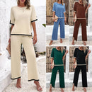 High Quality Elegant Women Clothing 2024 Temperament Casual Solid Color Knitted Shite Sleeved Suit Sweatpants Wide Leg Pants Y2k