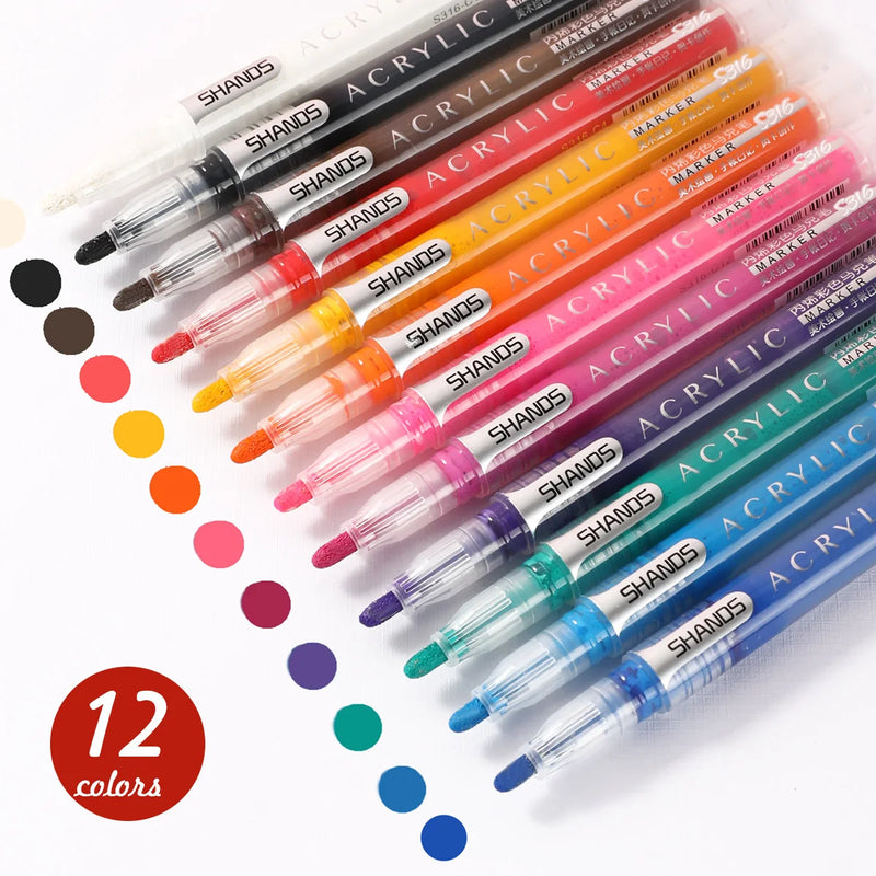 12pcs Acrylic Paint Marker Set with 12 colored inks suitable for rock painting, glass, wood, black paper, scrapbook crafts, Chri