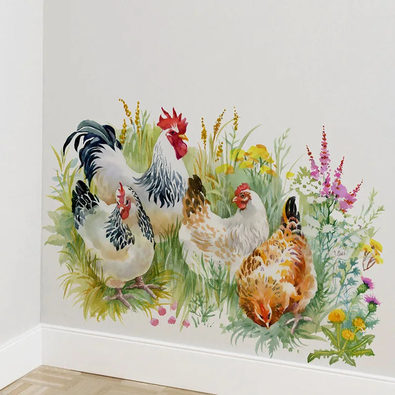 1PC Chinese Style Countryside Style Chicken Foraging In Grass Stickers, Decorative Living Room, Kitchen, Refrigerator Waterproof