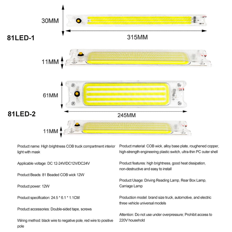 Acrylic Shell 12-24V Car Reading LED Night Strip Light Interior Light Ceiling Lamp for Van Lorry Truck Camper Boat With Switch