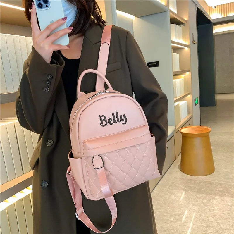 Embroidery Name Fashionable Classic Backpack Stitching Detail Zipper Adjustable Strap PU Custom Name Backpack School Bag