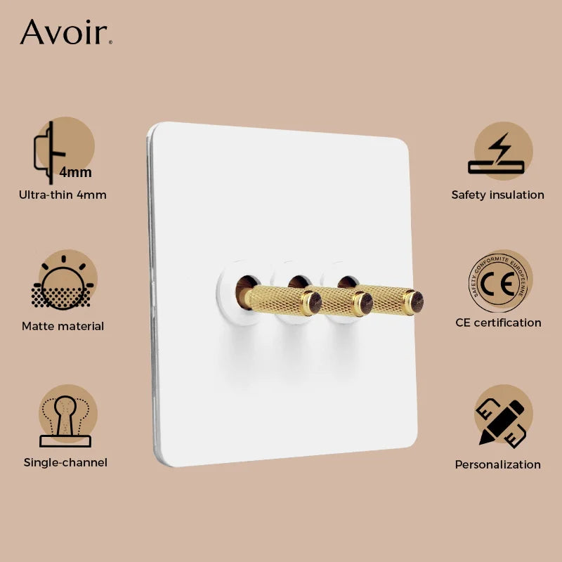 Avoir 86 Type Wall Momentary Switch Brass Carved Lever Toggle Lighting Switches 1 Way Black White Gold Stainless Steel Panel