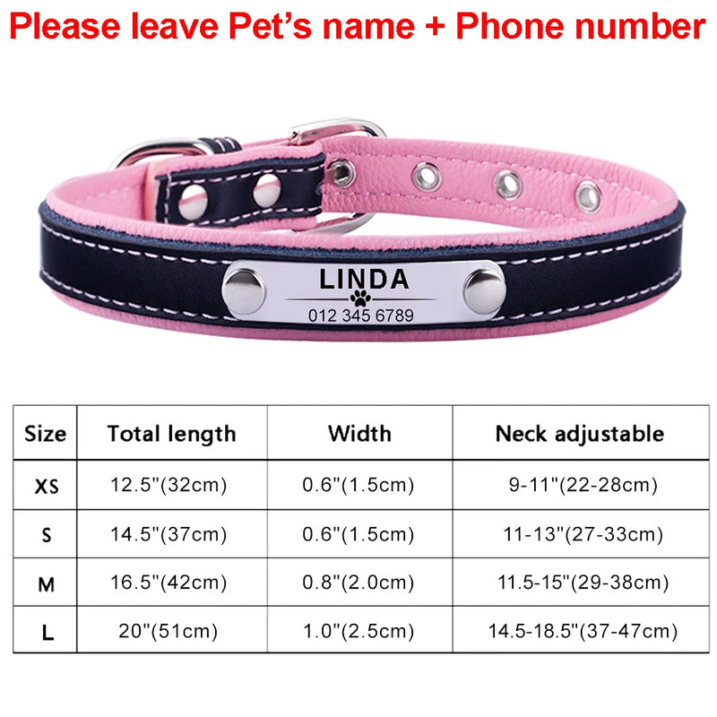 Leather Dog Collar Personalized Custom Engraved Name Plate Puppy Pet Dogs XS/S/M/L Dog Tag