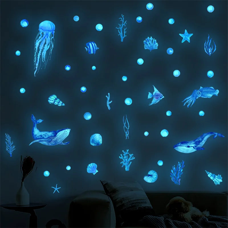 Ocean Creatures Glow in The Dark Wall Stickers Home Decor Luminous Fluorescent Sea Animals Decals for Baby Kids Room Decorations