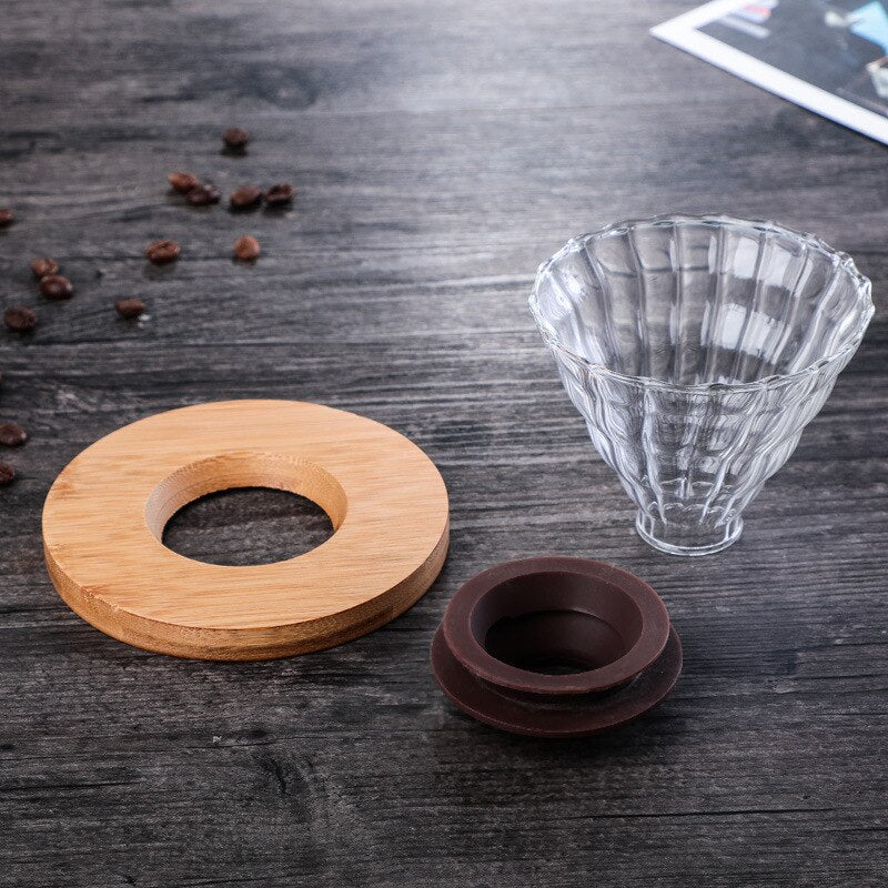 Coffee Dripper Glass Funnel Drip Coffee Maker V01 V02 Filter Transparent Reusable Pour Over Brewing Cup with Wooden Holder