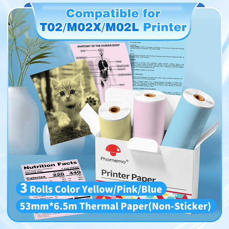 3 Rolls Phomemo White Sticker Paper Thermal Label for T02 M02L Portabal Mini Printer Keep for 10 Years Sticky Paper 50mm/53mm
