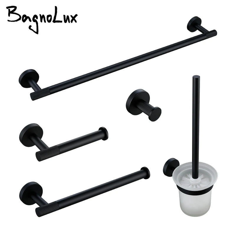 Matte Black Bathroom Accessories Towel Bar Bath Robe Hook Brass Knurled Bathroom Hardware Set Shelf for Towels Paper Tissue Hol