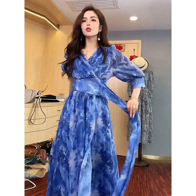 Korean Fashion Puff Sleeve Floral Dress Loose Waist With Bandage New Women's Summer Dresses Elegant Casual Midi Vestidos Mujer