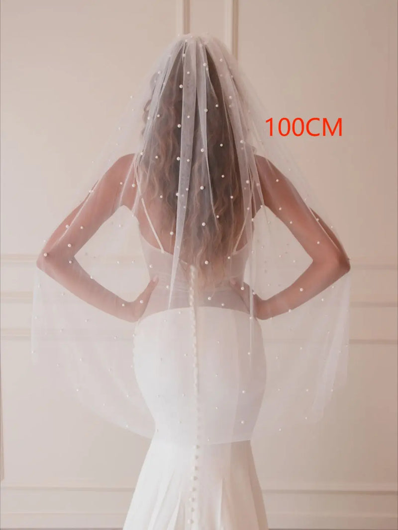 V05 Classic Pearls Bridal Veils with Comb Wedding Veil Cathedral Length Single Tier Raw Edge Beauty Bride Wedding Accessories