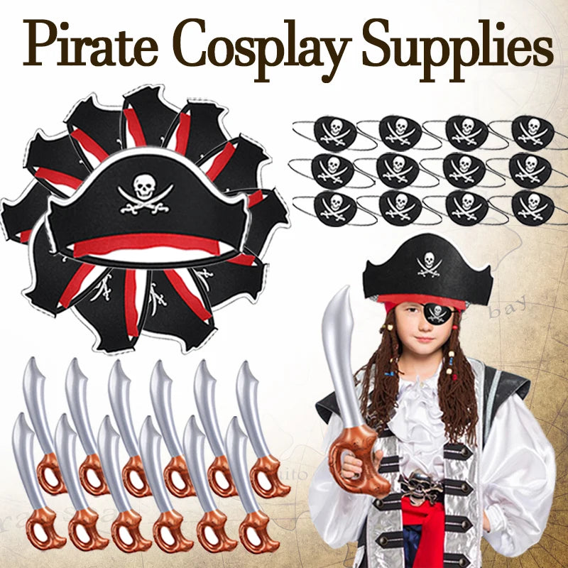 6-48Sets Pirate Party Supplies Halloween Pirate Costumes Child Birthday Party Favors Pirate Accessories Pirate Hat Sword