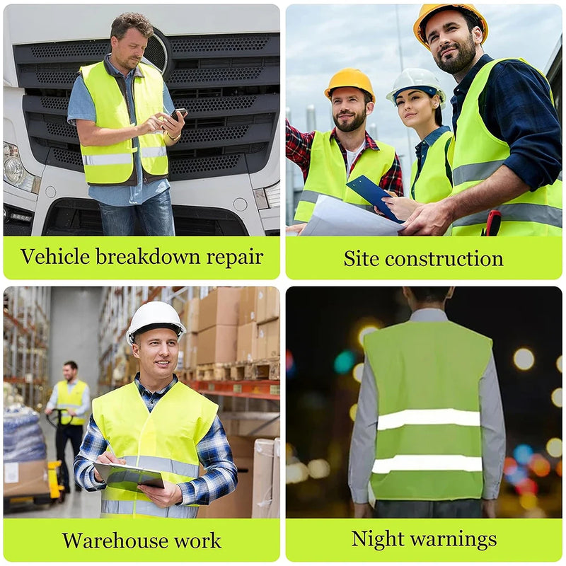Reflective Safety Vest High Visibility Night Work Security Sleeveless Yellow Vest Construction Workwear Zipper & Pockets Adults
