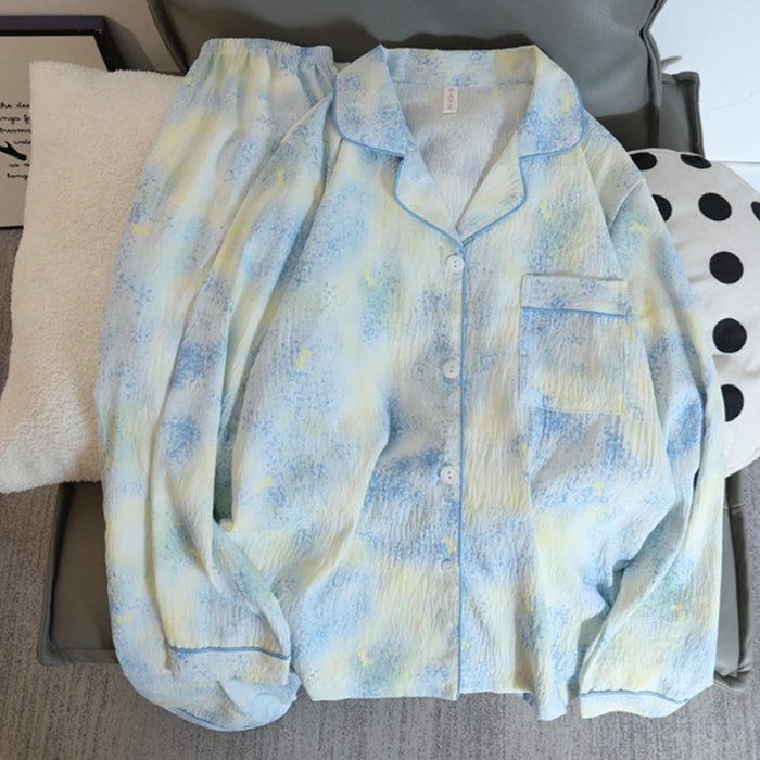 Flower Print Women Autumn Two Piece Pajama Set Long Sleeve V Neck Top & Elastic Waist Pants 2 Pieces Female Sleepwear Nightwear