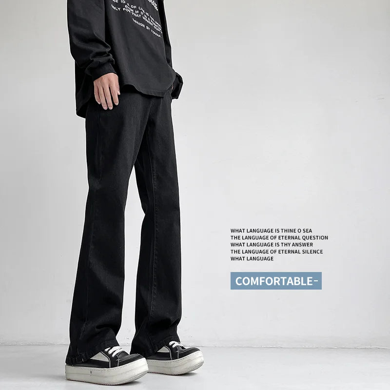 Autumn Vintage Straight Wide Legs BLACK Jeans Men's Streetwear Harajuku Washed Baggy Casual Flare Denim Trousers Y2K Male Pants