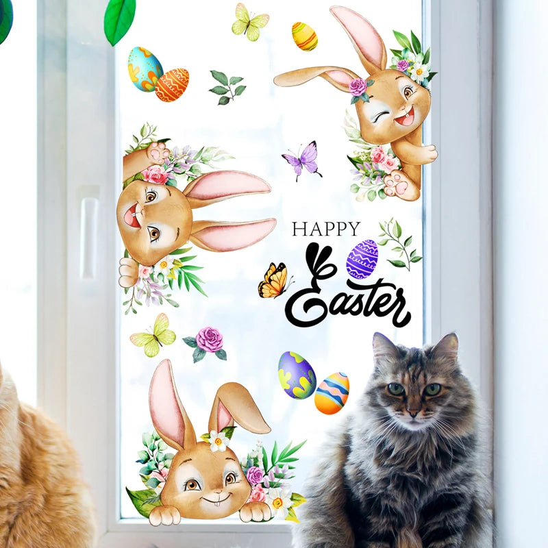 1Set Happy Easter Window Stickers Cartoon Rabbit Easter Eggs Flowers Butterfly Glass Sticker Spring Easter Home Decoration 2024