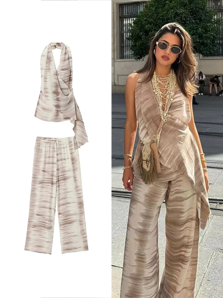 TRAF Women Fashion Casual Backless Tie-Dye Top Set Vintage Neck Tie-Dye V-Neck Top Elegant Drawstring High-Waisted Wide-Leg Pant