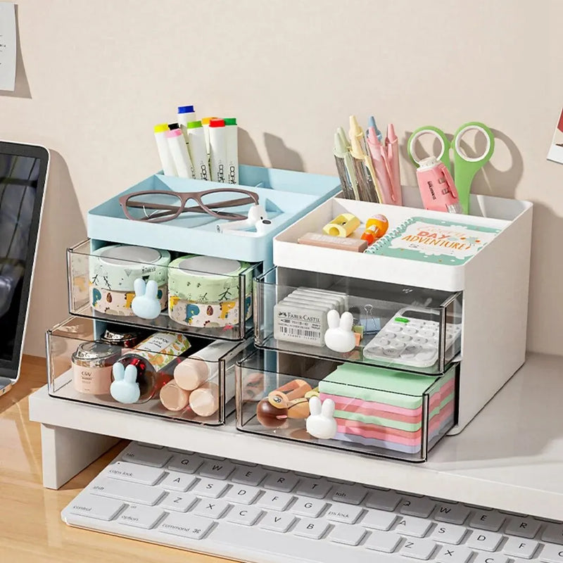 1PCS 2-laye Creative Pen Holder Transparent Drawer Rabbit Storage Box Children Girls Student Office Bedroom Desktop