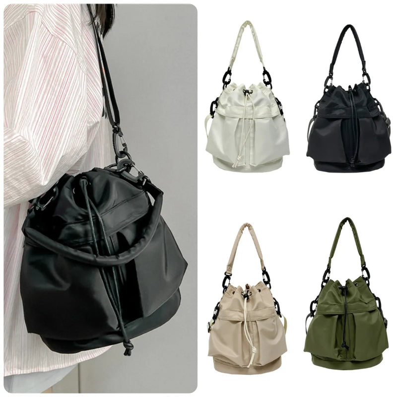 New Fashion Women Handbags Waterproof Nylon Shoulder Bags Large Capacity Crossbody Bags for Women Portable Drawstring Bucket Bag