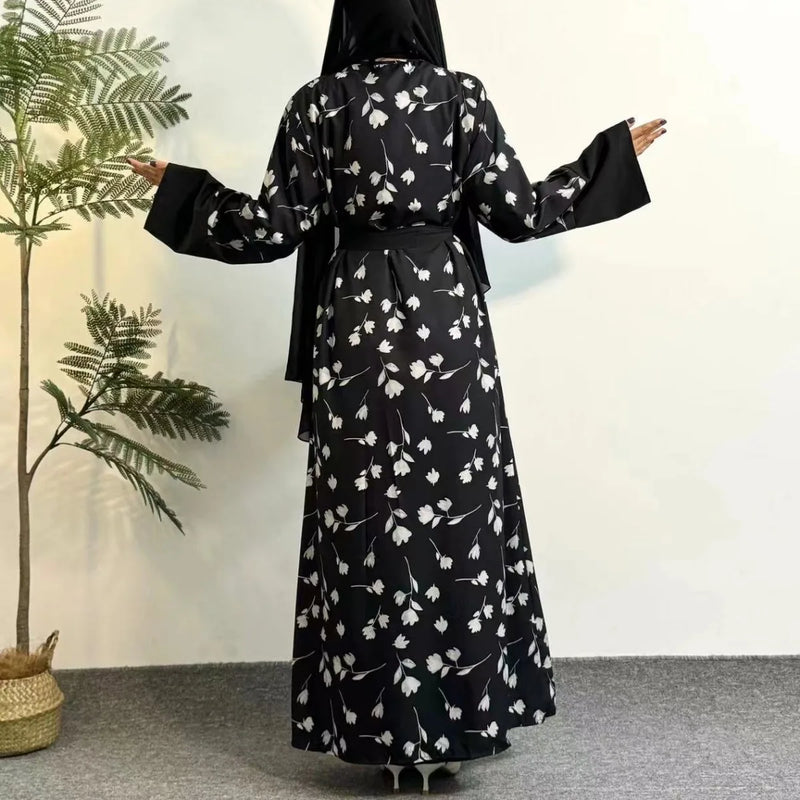 Printed Floral Open Front Abaya,Long Sleeve Maxi Length Dress With Belt Women's Clothing Muslim Abayas Out Kaftans Women Jilbabs