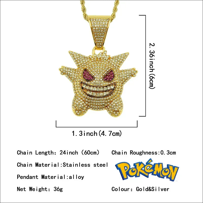 Pokemon Gengar Miami Cuban Link Chain HipHop Men Women Necklace Jewelry Trend Metal Pendant Rhinestone Paved New Hot Street Gift