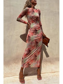 Tie Dye Printed Mesh See Through Women's Long Skirt Sexy Slim Fit Split Party Evening Dress 2024 Spring New Fashion Club Vest