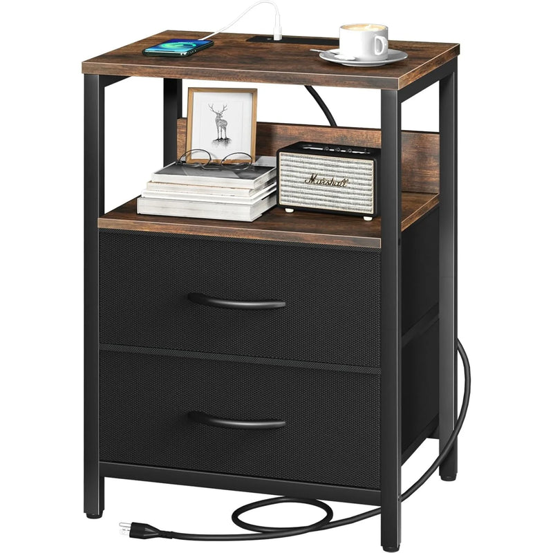 Nightstand with Charging Station, Small Night Stand with Fabric Drawers and Storage Shelf for Bedrooms, Nightstands