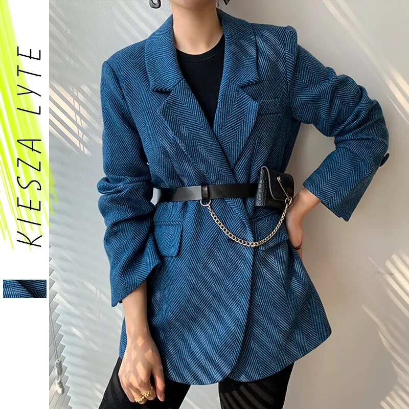 New Woolen Coat Women Elegant Thick Blue Suit Blazer Jacket 2023 Autumn Winter Office Lady Outwear Female Fashion