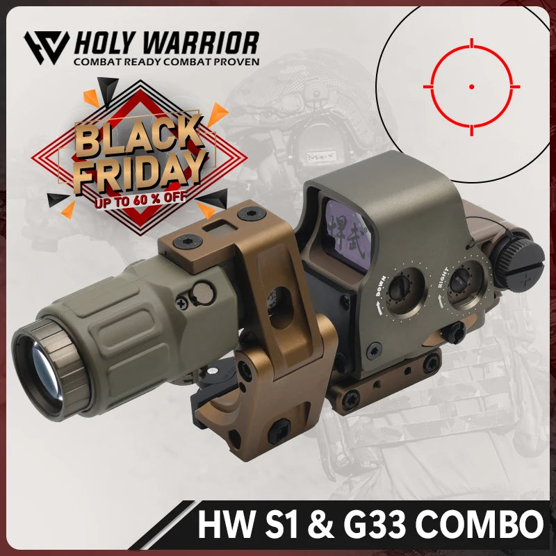 Holy Warrior S1 Holographic Red Dot Sight with NBG33 3X Magnifier with Fas Optic Riser and FTC Mount Combo with Full Markings