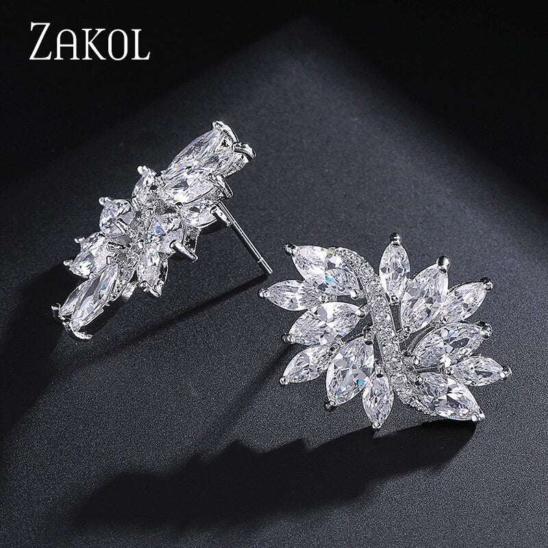 ZAKOL Delicate Cubic Zircon Crystal Stud Earrings for Women Fashionable White Color Flower Handmade Wedding Jewelry EP480