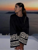 TRAFZA Women's Embroidery Patchwork Dress Long Sleeve Round Neck Tie Dress Casual Loose Commuter Holiday Travel Short Dresses