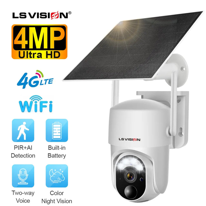 LS VISION 4MP Solar Camera Outdoor Wireless 4G/WiFi PTZ Color Night Vision Built-in Battery PIR Human Detection Secutity Camera