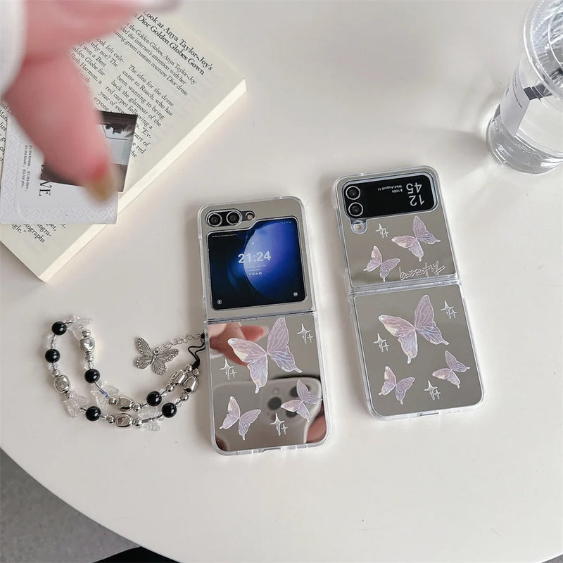 Cartoon Butterfly Mirror Wrist Chain Case for Samsung Galaxy Z Flip 5 4 3 flip5 Flip4 ZFlip Bracelet Make Up Shockproof Cover