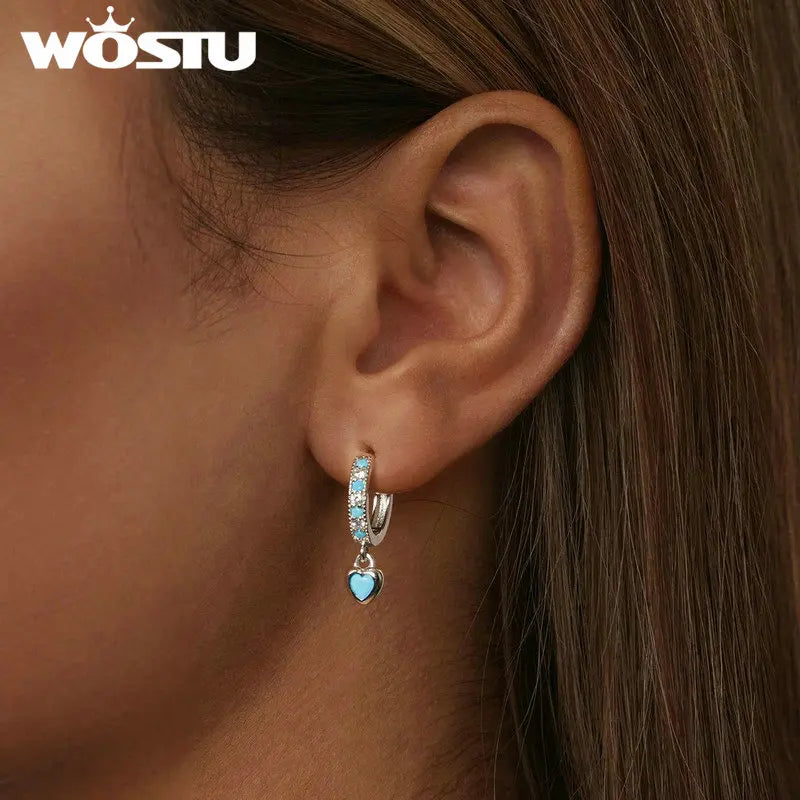 WOSTU 925 Sterling Silver Blue Heart-shaped Turquoise Hoop Earrings For Women Shiny CZ Drop Dangle Earrings Pendientes Jewelry