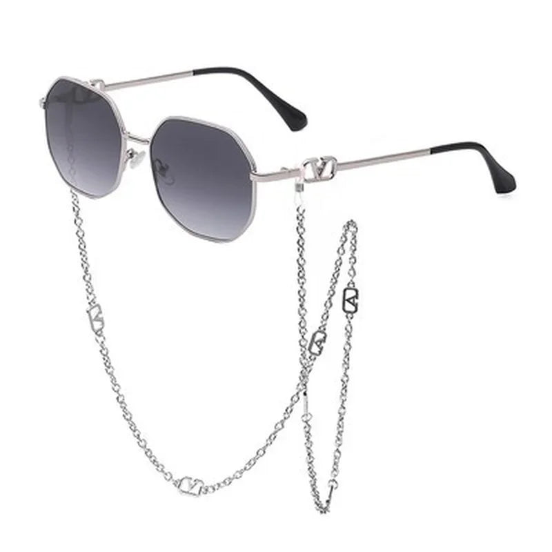 Men Women Punk Sun Glasses Brand Designer Retro Alloy Polygon Sunglasses Women Luxury Shades with A Chain Lanyard Sunglasses