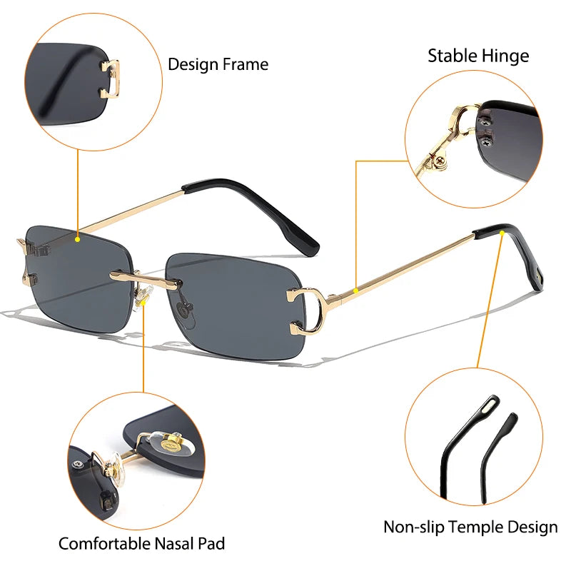 HBK Retro Rimless Sunglasses For Women Men Small Square Gold Frame Brand Design Tea Shades Rectangle UV400 Zonnebril Eyewear