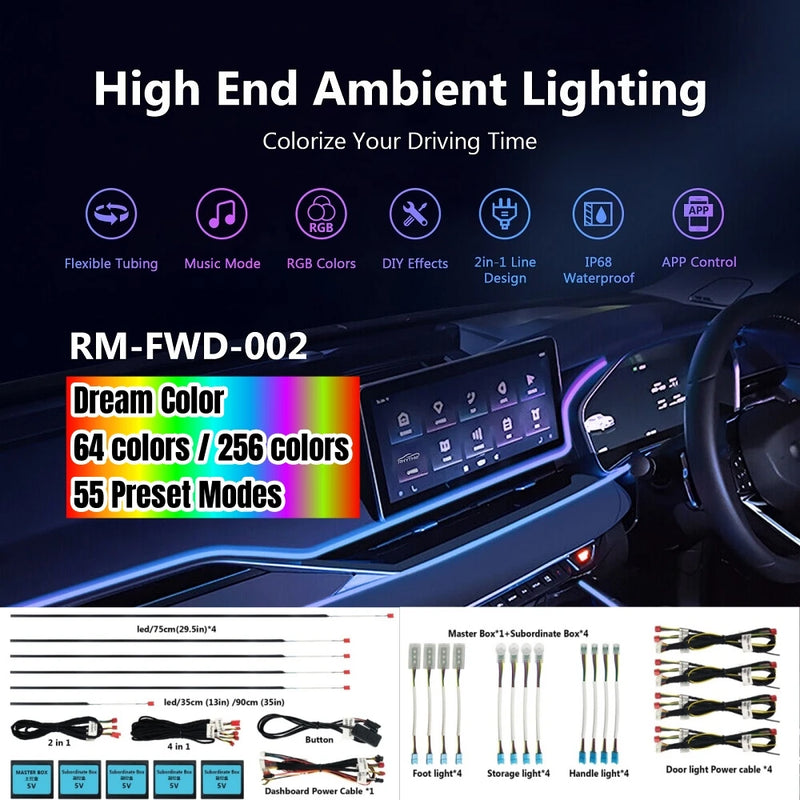 Universal Car Ambient Light Kit With Wireless APP Control 256 RGB Dream Color and 55 Preset Modes LED Neon Footlight Accessories