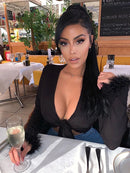 2025 long sleeve fur V-neck wrapped bandage sexy crop tops autumn winter women streetwear club party outfits T-shirts