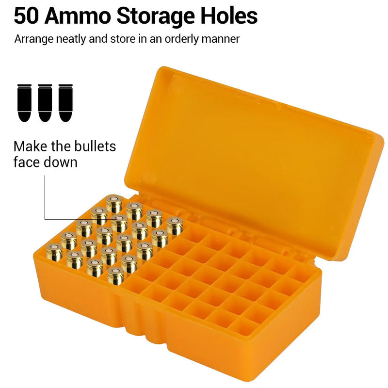 50 Rounds Tactical Ammo Box 9mm Pistol Rifle Ammo Bullet Carry Storage Box Flip-Top Cartridge Storage Case Hunting Accessory