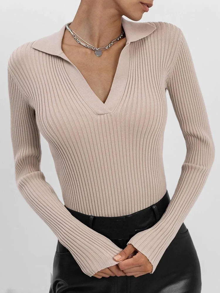 Spring Women's Sweater Knitted Blouse Long Sleeve Tops Female Polo Collar Jumper Solid Color Slim Pullover Women 2024 Knitwears