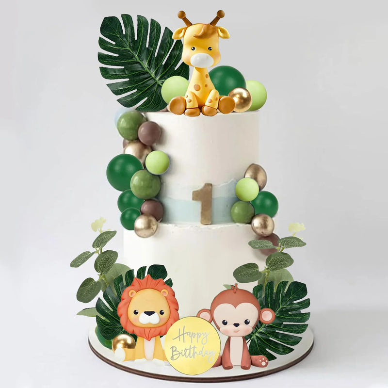 Colourful Balls Plam Leaves Cake Decoration Jungle Safari Animal Cake Topper  for Girls Boys Wild Theme Birthday Party Supplies