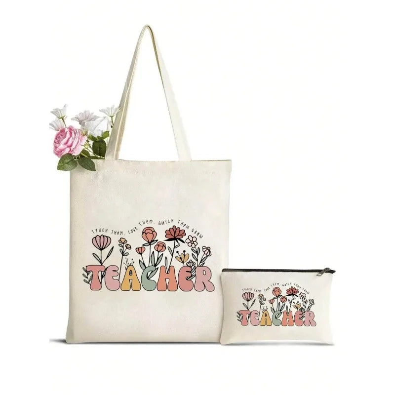 Teacher Letter Print Tote Bag with Makeup Bag Set of Two Wedding Favor Bag for Women Bridesmaids Giving Girlfriend Gift