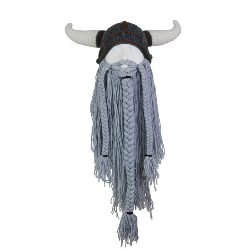 Viking Horn Hat Mask Men Bearded Funny Caps Winter Hand Weave Men Christmas Cosplay Party Funny Tricky Headgear Warm Beanie Caps