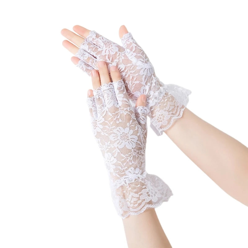 Sexy Elastic Lace Gloves with Floral Decor Summer Cycling Driving Hollow Out Fishnet Delicate Women Half Finger Gloves