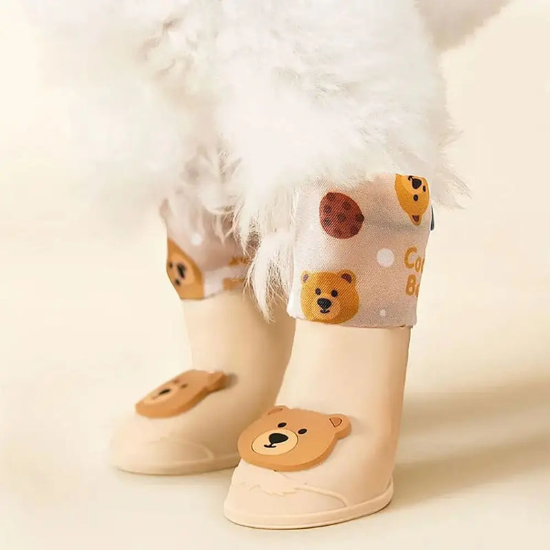 4Pcs/Set Cartoon Pet Silicone Rain Boot Cute Waterproof Anti Slip Pet Paw Protector Dog Shoes Outdoor