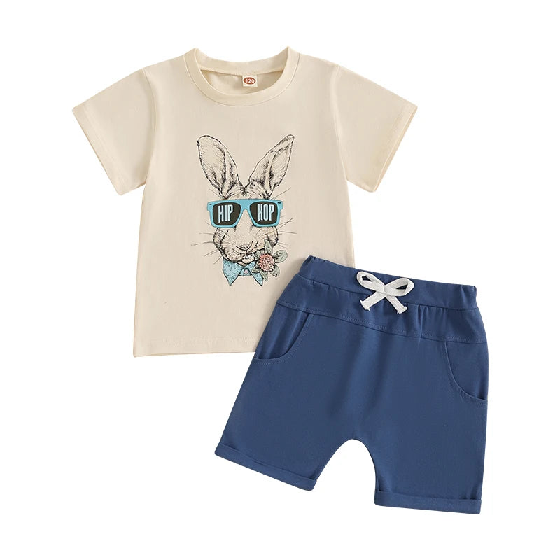 Adorable Toddler Boys Easter Outfits with Bunny Print Round Neck Short Sleeve T-Shirts and Elastic Waist Shorts - 2 Piece