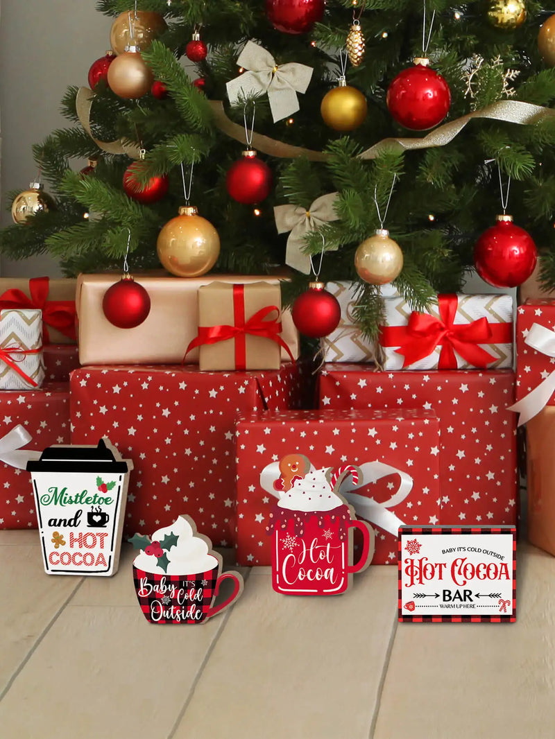 Putuo Decor 4pc Christmas Table Decor, Christmas Hot Cocoa Sign, Desktop Wooden Sign for Tiered Tray Farmhouse Table Christmas