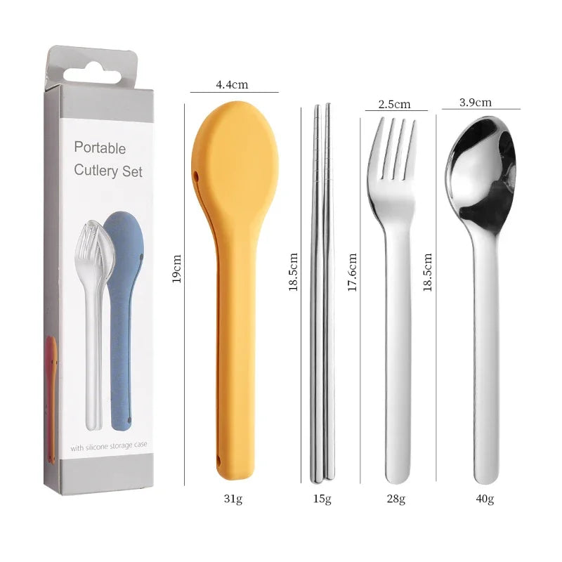 Portable Stainless Steel Cutlery Set, Suitable for Work, School, Picnic, Camping, Travel, Reusable Silicone Portable Cutlery Set